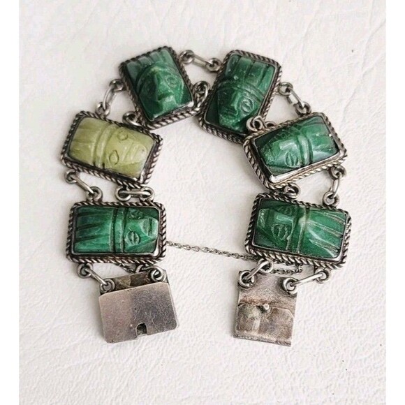Taxco Jewelry - Vintage Mexico Sterling Silver Carved Green Jade Mayan Mask Link Bracelet 7" 44g